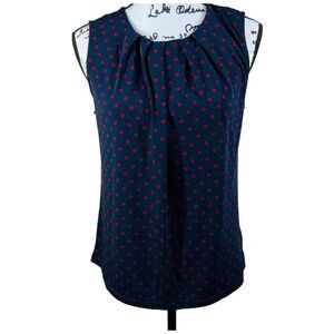 Jones New York Sleeveless knit top/blouse navy and Red polka dot size S work